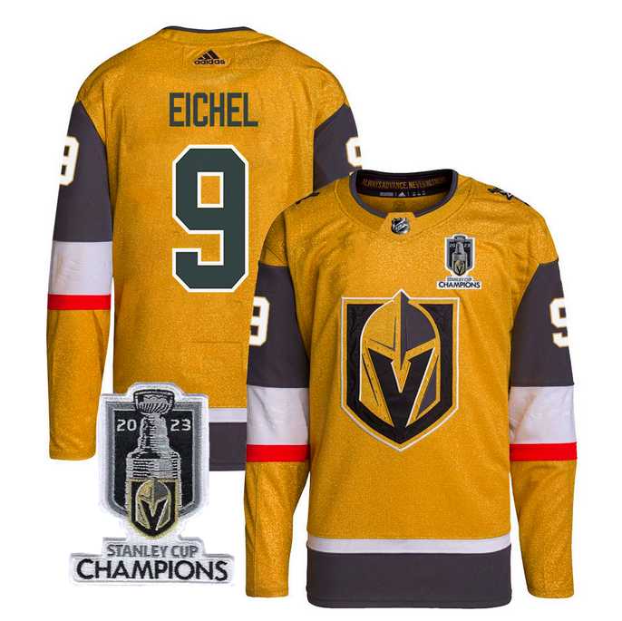 Mens Vegas Golden Knights #9 Jack Eichel Gold 2023 Stanley Cup Champions Stitched Jersey